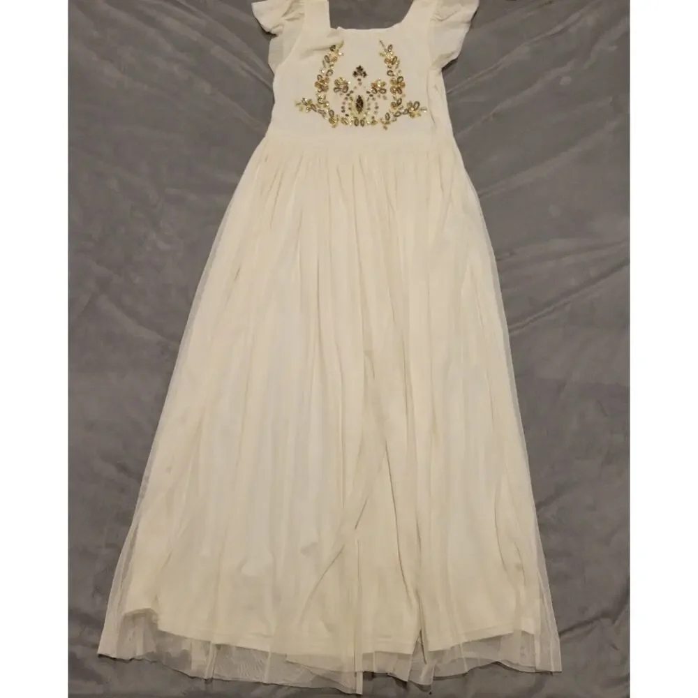 Mia Joy Girls Ivory Maxi Dress With Gold Embellished Bodice Flutter Sleeves & Fl - Picture 7 of 16